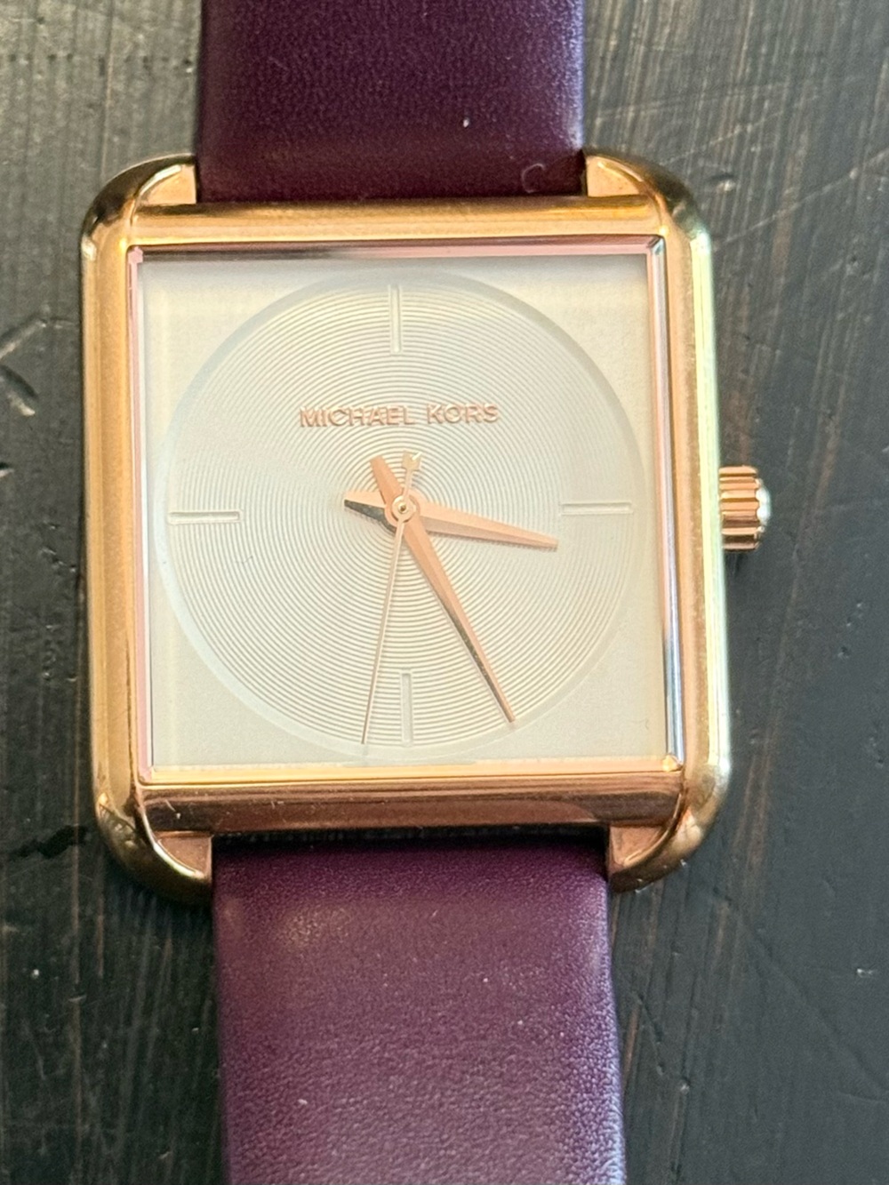 Michael Kors Rose Gold Square Case Watch with Plum Leather Strap